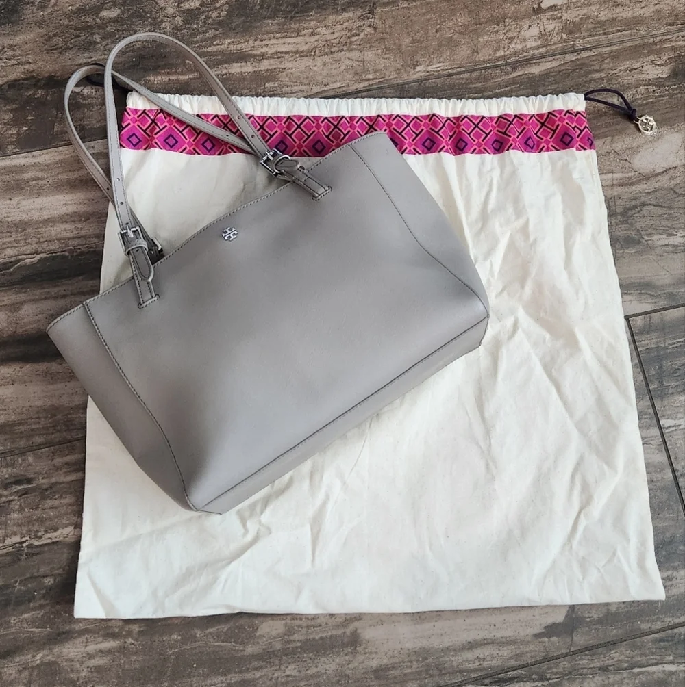 Tory Burch Light Grey Saffiano Leather Tote Bag